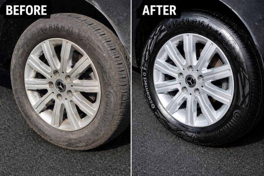 Tyre and wheel before and after cleaning - mobile car valeting Kidderminster